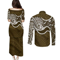 Aloha Hawaii Kalo Pikake Lei Couples Matching Puletasi and Long Sleeve Button Shirt Chest Tattoo Gold Hawaiian Pattern