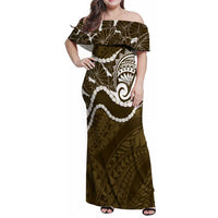 Aloha Hawaii Kalo Pikake Lei Family Matching Off Shoulder Maxi Dress and Hawaiian Shirt Chest Tattoo Gold Hawaiian Pattern