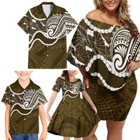Aloha Hawaii Kalo Pikake Lei Family Matching Off Shoulder Short Dress and Hawaiian Shirt Chest Tattoo Gold Hawaiian Pattern