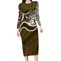 Aloha Hawaii Kalo Pikake Lei Long Sleeve Bodycon Dress Chest Tattoo Gold Hawaiian Pattern LT14 Long Dress Gold - Polynesian Pride