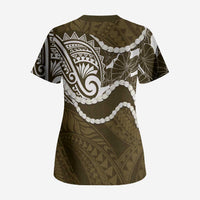 Aloha Hawaii Kalo Pikake Lei Scrub Top Chest Tattoo Gold Hawaiian Pattern