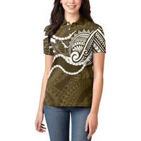 Aloha Hawaii Kalo Pikake Lei Women Polo Shirt Chest Tattoo Gold Hawaiian Pattern