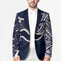 Aloha Hawaii Kalo Pikake Lei Blazer Chest Tattoo Oxford Blue Hawaiian Pattern