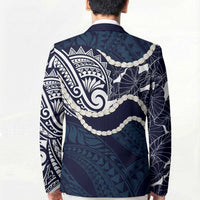 Aloha Hawaii Kalo Pikake Lei Blazer Chest Tattoo Oxford Blue Hawaiian Pattern