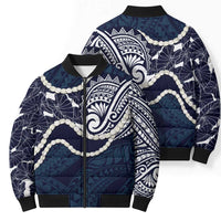 Aloha Hawaii Kalo Pikake Lei Bomber Puffer Jacket Chest Tattoo Oxford Blue Hawaiian Pattern