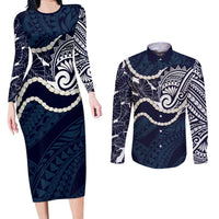 Aloha Hawaii Kalo Pikake Lei Couples Matching Long Sleeve Bodycon Dress and Long Sleeve Button Shirt Chest Tattoo Oxford Blue Hawaiian Pattern