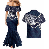 Aloha Hawaii Kalo Pikake Lei Couples Matching Mermaid Dress and Hawaiian Shirt Chest Tattoo Oxford Blue Hawaiian Pattern