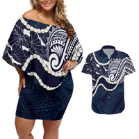 Aloha Hawaii Kalo Pikake Lei Couples Matching Off Shoulder Short Dress and Hawaiian Shirt Chest Tattoo Oxford Blue Hawaiian Pattern