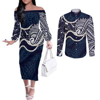 Aloha Hawaii Kalo Pikake Lei Couples Matching Off The Shoulder Long Sleeve Dress and Long Sleeve Button Shirt Chest Tattoo Oxford Blue Hawaiian Pattern