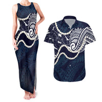 Aloha Hawaii Kalo Pikake Lei Couples Matching Tank Maxi Dress and Hawaiian Shirt Chest Tattoo Oxford Blue Hawaiian Pattern