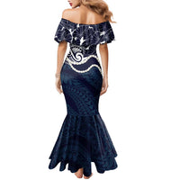 Aloha Hawaii Kalo Pikake Lei Family Matching Mermaid Dress and Hawaiian Shirt Chest Tattoo Oxford Blue Hawaiian Pattern
