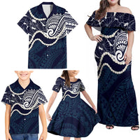 Aloha Hawaii Kalo Pikake Lei Family Matching Off Shoulder Maxi Dress and Hawaiian Shirt Chest Tattoo Oxford Blue Hawaiian Pattern