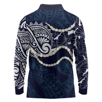 Aloha Hawaii Kalo Pikake Lei Long Sleeve Polo Shirt Chest Tattoo Oxford Blue Hawaiian Pattern