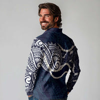 Aloha Hawaii Kalo Pikake Lei Long Sleeve Polo Shirt Chest Tattoo Oxford Blue Hawaiian Pattern