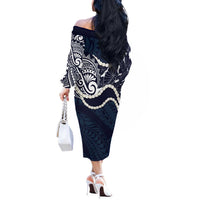 Aloha Hawaii Kalo Pikake Lei Off The Shoulder Long Sleeve Dress Chest Tattoo Oxford Blue Hawaiian Pattern