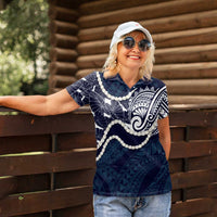 Aloha Hawaii Kalo Pikake Lei Women Polo Shirt Chest Tattoo Oxford Blue Hawaiian Pattern