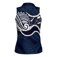 Aloha Hawaii Kalo Pikake Lei Women Sleeveless Polo Shirt Chest Tattoo Oxford Blue Hawaiian Pattern