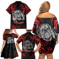 Personalised Aotearoa Bulldog Family Matching Off Shoulder Short Dress and Hawaiian Shirt NZ Maori Tattoo