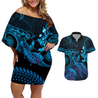 Blue Aloha Hawaii Couples Matching Off Shoulder Short Dress and Hawaiian Shirt Snorkeling With Sea Turtle Polynesian Pattern