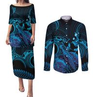 Blue Aloha Hawaii Couples Matching Puletasi and Long Sleeve Button Shirt Snorkeling With Sea Turtle Polynesian Pattern LT14 Blue - Polynesian Pride