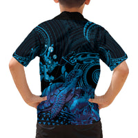 Blue Aloha Hawaii Family Matching Off The Shoulder Long Sleeve Dress and Hawaiian Shirt Snorkeling With Sea Turtle Polynesian Pattern