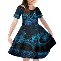 Blue Aloha Hawaii Family Matching Off The Shoulder Long Sleeve Dress and Hawaiian Shirt Snorkeling With Sea Turtle Polynesian Pattern