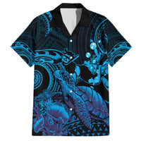 Blue Aloha Hawaii Family Matching Off The Shoulder Long Sleeve Dress and Hawaiian Shirt Snorkeling With Sea Turtle Polynesian Pattern