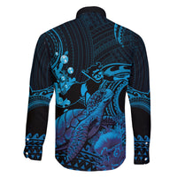 Blue Aloha Hawaii Family Matching Off The Shoulder Long Sleeve Dress and Hawaiian Shirt Snorkeling With Sea Turtle Polynesian Pattern