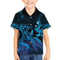 Blue Aloha Hawaii Family Matching Off The Shoulder Long Sleeve Dress and Hawaiian Shirt Snorkeling With Sea Turtle Polynesian Pattern