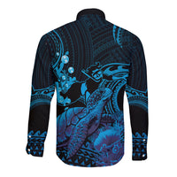 Blue Aloha Hawaii Long Sleeve Button Shirt Snorkeling With Sea Turtle Polynesian Pattern