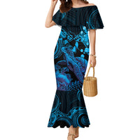 Blue Aloha Hawaii Mermaid Dress Snorkeling With Sea Turtle Polynesian Pattern