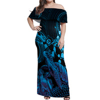 Blue Aloha Hawaii Off Shoulder Maxi Dress Snorkeling With Sea Turtle Polynesian Pattern