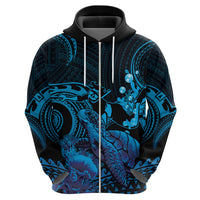 Blue Aloha Hawaii Zip Hoodie Snorkeling With Sea Turtle Polynesian Pattern