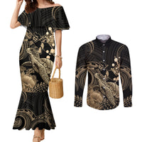 Gold Aloha Hawaii Couples Matching Mermaid Dress and Long Sleeve Button Shirt Snorkeling With Sea Turtle Polynesian Pattern LT14 Gold - Polynesian Pride