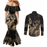 Gold Aloha Hawaii Couples Matching Mermaid Dress and Long Sleeve Button Shirt Snorkeling With Sea Turtle Polynesian Pattern LT14 - Polynesian Pride