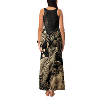 Gold Aloha Hawaii Family Matching Tank Maxi Dress and Hawaiian Shirt Snorkeling With Sea Turtle Polynesian Pattern