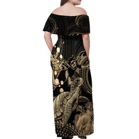 Gold Aloha Hawaii Off Shoulder Maxi Dress Snorkeling With Sea Turtle Polynesian Pattern