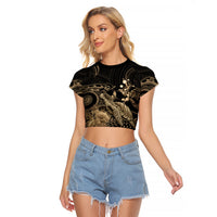 Gold Aloha Hawaii Raglan Cropped T Shirt Snorkeling With Sea Turtle Polynesian Pattern