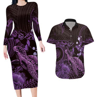 Purple Aloha Hawaii Couples Matching Long Sleeve Bodycon Dress and Hawaiian Shirt Snorkeling With Sea Turtle Polynesian Pattern