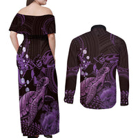 Purple Aloha Hawaii Couples Matching Off Shoulder Maxi Dress and Long Sleeve Button Shirt Snorkeling With Sea Turtle Polynesian Pattern LT14 - Polynesian Pride