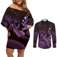 Purple Aloha Hawaii Couples Matching Off Shoulder Short Dress and Long Sleeve Button Shirt Snorkeling With Sea Turtle Polynesian Pattern LT14 Purple - Polynesian Pride
