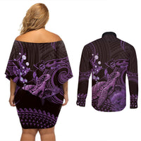 Purple Aloha Hawaii Couples Matching Off Shoulder Short Dress and Long Sleeve Button Shirt Snorkeling With Sea Turtle Polynesian Pattern LT14 - Polynesian Pride