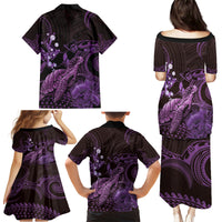 Purple Aloha Hawaii Family Matching Puletasi and Hawaiian Shirt Snorkeling With Sea Turtle Polynesian Pattern