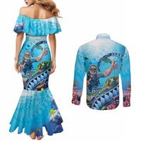 Hawaii Snorkeling Honu Turtle Couples Matching Mermaid Dress and Long Sleeve Button Shirt Under The Ocean Vibes