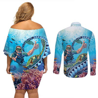 Hawaii Snorkeling Honu Turtle Couples Matching Off Shoulder Short Dress and Long Sleeve Button Shirt Under The Ocean Vibes LT14 - Polynesian Pride