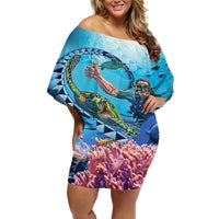 Hawaii Snorkeling Honu Turtle Off Shoulder Short Dress Under The Ocean Vibes LT14 Women Blue - Polynesian Pride