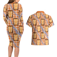 Aloha Hawaii Tiki Palaka Motifs Couples Matching Long Sleeve Bodycon Dress and Hawaiian Shirt Honohono Lei Orange Elegant Vibes