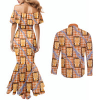 Aloha Hawaii Tiki Palaka Motifs Couples Matching Mermaid Dress and Long Sleeve Button Shirt Honohono Lei Orange Elegant Vibes