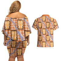 Aloha Hawaii Tiki Palaka Motifs Couples Matching Off Shoulder Short Dress and Hawaiian Shirt Honohono Lei Orange Elegant Vibes