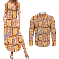 Aloha Hawaii Tiki Palaka Motifs Couples Matching Summer Maxi Dress and Long Sleeve Button Shirt Honohono Lei Orange Elegant Vibes